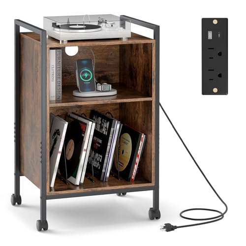 LOKO Record Player Stand with Charging Station, 3-Tier Vinyl Turntable Stand On Wheels with Open Shelves, Metal Dividers, Industrial End Table Turntable Holder for Bedroom, Living Room LOKO