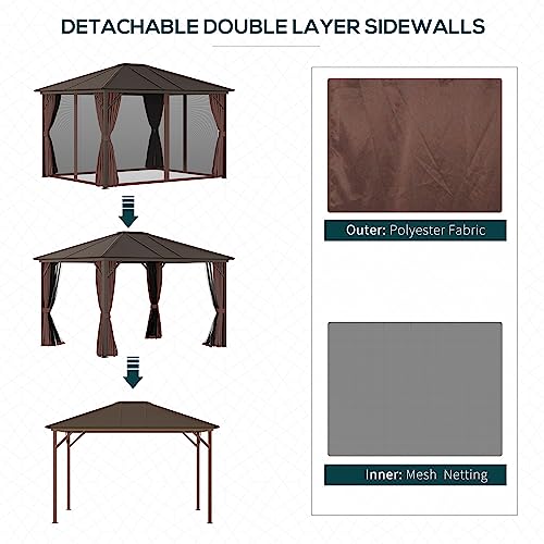 Outsunny 10' x 12' Hardtop Gazebo with Curtains and Netting, Permanent Pavilion Metal Single Roof Gazebo Canopy with Aluminum Frame and Hooks, for Garden, Patio, Backyard, Brown Outsunny