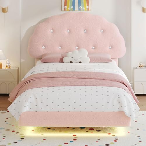 Decofy Cookie Twin Upholstered Bed Frame with LED Lights, Floating Bed Frames with Adjustable Headboard and Raised Footboard for Princess/Prince Bedroom, Teddy Velvet(Pink) Decofy