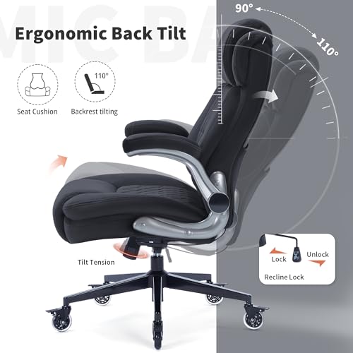 High Back Office Chair 400lbs Fabric- Thick Padded Cloth Computer Desk Chair, Adjustable Lumbar Support & Flip-Up Arms, Locking Wheels - Ergonomic Durable Work Chair for Adults, Men and Women Sunchen