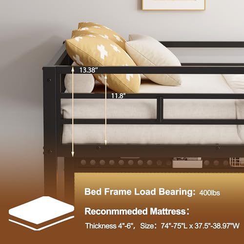 Decofy Twin Metal Loft Bed with Desk, 6 Storage Cabinet, LED Light Bunk Bed Frame Twin Size with Charging Station, No Box Spring Needed, Extra Wide Stair Treads&Safety Ladder, Hanging Rod&Guardrail Decofy