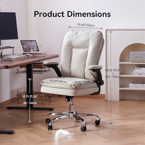 LEAGOO Ergonomic Executive Office Chair, Mid Back Comfy Desk Chairs with 3D Padded Flip-up Arms, Faux Leather Computer Rolling Chair with Wheels for Home, Adjustable Height, 300lbs, Beige LEAGOO
