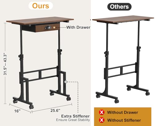 Adjustable Height Standing Desk With Drawer, Rolling Sit Stand Up Desk With Wheels, Small Sit To Stand Computer Desk, Adjustable Desktop Height, On Wheels, Brown, For Walking Pad Laptop Treadmill Cidaziya