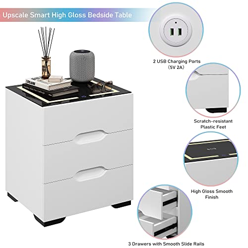 kepptory White Smart Nightstand with Wireless Charging Station & Adjustable LED Lights, High Gloss End Table with 3 Drawers & USB Charging, Bedside Table Organizer for Bedroom Use kepptory