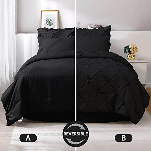 JOLLYVOGUE Black Twin Size Comforter Sets 5 Pieces, Pintuck Bed in a Bag Comforter Set for Bedroom, Bedding Comforter Sets with Comforter, Sheets,Ruffled Shams & Pillowcases JOLLYVOGUE