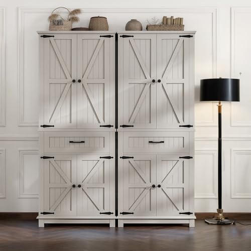 YITAHOME 72.6" H Farmhouse Kitchen Pantry Cabinet, Freestanding Tall Storage Cabinet with 4 Doors, Drawer and Adjustable Shelves, Tall Cupboard for Dining Room, Living Room, White Oak YITAHOME