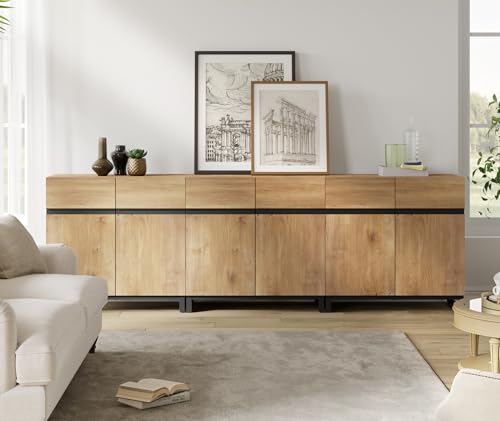 WAMPAT 3 in 1 Multifunctional Sideboard Buffet Cabinets, Modern Sideboard with Adjustable Shelf and Metal Base, Coffee Bar Cabinet Storage Cabinet for Living Room, Kitchen,Oak WAMPAT