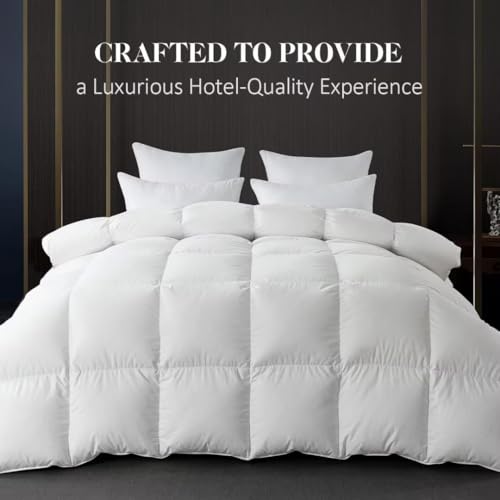 WhatsBedding White Queen Size Feather Down Fiber Comforter, Filled with Feather and Down Fiber, All Season Fluffy Ultra Soft 100% Cotton Duvet Insert, Luxury Hotel Bedding Style Comforter,90"x90" WhatsBedding