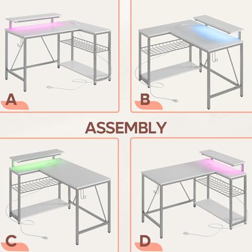Bestier White Computer Desk with Charging Port & LED Strip,42 inch Modern Gaming Desk with Reversible Storage Shelves,Small L Shaped Desk with Hooks for Home Office Bestier