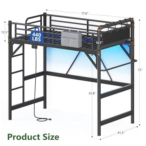 Twin Size Loft Bed with LED Lights and Charging Station, Industrial Heavy Duty Metal Loft Bed Frame with Ladder and Guardrail for Kids Adults, Small Space Saving Design for Bedroom Dorm, Black Jocoevol