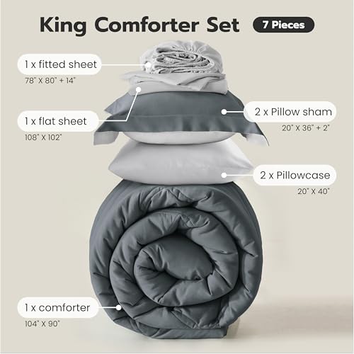 Joiedomi King Size Comforter Set with Sheets Dark Grey, 7 Pieces King Bedding Set with 1 Down Alternative Comforter, 1 Flat Sheet, 1 Fitted Sheet, 2 Pillowcases and 2 Pillow Shams, Bed in a Bag Joiedomi
