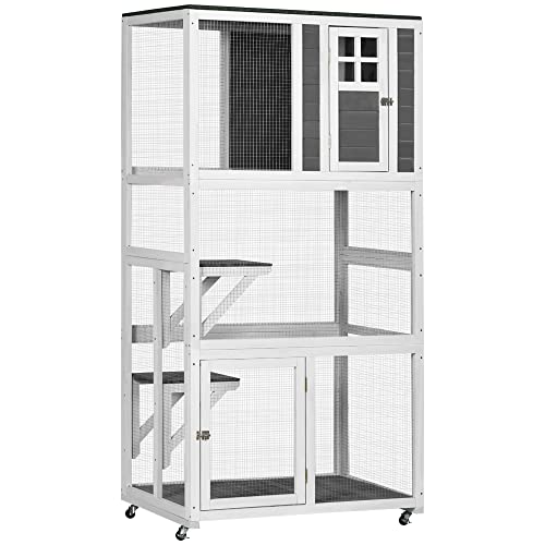 PawHut 74" Wooden Catio Outdoor Cat House Weatherproof & Wheeled, Outside Cat Enclosure with High Weight Capacity, Kitten Cage Condo, Gray PawHut