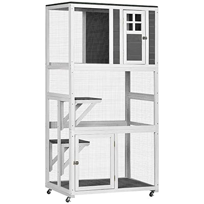 PawHut 74" Wooden Catio Outdoor Cat House Weatherproof & Wheeled, Outside Cat Enclosure with High Weight Capacity, Kitten Cage Condo, Gray