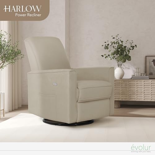 Evolur Harlow Upholstered Power Glider Recliner with USB Charging – Rocking & 360° Swivel with Smooth Glide – Greenguard Gold & FSC Certified – Modern Nursery and Living Room Chair in Fawn Evolur