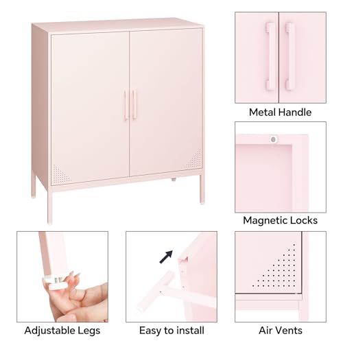 Steehoom Metal Storage Cabinet with 2 Doors, Steel Buffet Sideboard Entryway Locker Cabinet Kitchen Cupboard for Living Room, Dining Room, Kitchen, Office, Bar (Pink, 31.5" D x 15.75" W x 35.43" H) Steehoom