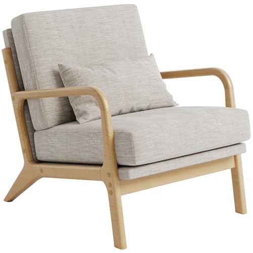 Claiks Mid-Century Modern Accent Chair, Living Room Armchair with Solid Wood Frame & Lumbar Pillow, Comfy Upholstered Lounge Chair for Bedroom, Office, Linen-Like Fabric, Light Gray Claiks