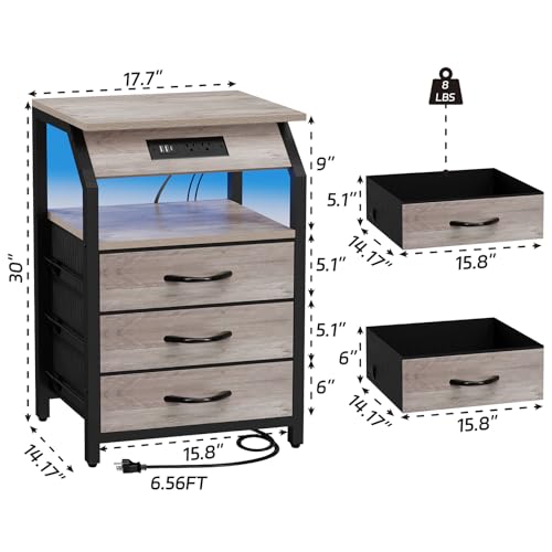 SZLHANJZ Night Stand Set of 2, Nightstands with Charger Station and LED Lights, End Tables Set with 3 Fabric Drawers, Storage Side Tables for Bedside, Living Room, Greige SZLHANJZ