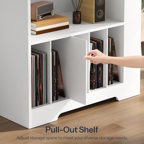 HOOBRO Large Record Player Stand with Charging Station & LED Lights, Vinyl Record Storage Table Holds up to 230 Albums, Turntable Stand with Display Shelf for Living Room, Walnut and White WH80UDRS01 HOOBRO