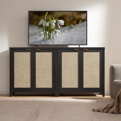 SICOTAS Sideboard Buffet Storage Cabinet - Boho Rattan Credenza Coffee Bar Cabinet with Large Storage, Farmhouse Console Buffet Table for Kitchen Living Room Entryway - 2 Black Pieces SICOTAS