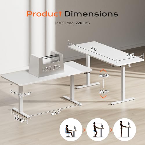 Huuger 63 x 28 Large Electric Standing Desk, Height Adjustable Computer Desk, 27.6" Deep Desktop, Stand up Gaming Office Table with 2 Hooks, 3 Preset Heights, for Home Office, White Huuger