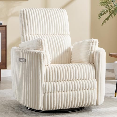 Power Recliner,Nursery Swivel Glider Rocking Chair with USB Port,Upholstered Adult Electric Recliner Rocking Chair with 2 Pillows for Living Room Bedroom (Beige Corduroy, Power-Driven)