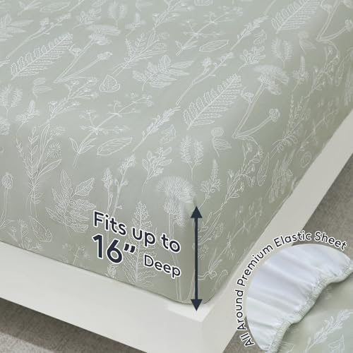 Homilay 100% Natural Cotton Percale Sheets Set,Full Size 4 PC, Breathable&Durable Hotel Quality Bedding, 16" Deep Pocket Botanical Floral Bedsheets,Sage Green Homilay