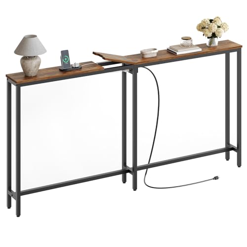 YATINEY Narrow Console Table, 70.9" Behind Couch Table Skinny, Small Entryway Table with Power Outlets, Modern Hallway Table for Living Room, Entryway, Rustic Brown and Black CT15UBR YATINEY