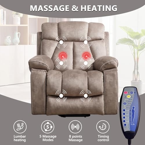 CANMOV Large Power Lift Recliner Chairs with Massage and Heat for Elderly Big People, Heavy Duty Motion Reclining Mechanism-Anti Skid Fabric Recliner Chair with 2 Concealed Cup Holders,Light Brown