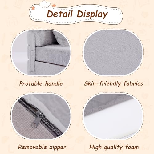 Givjoy Folding Sofa Bed Mattress for Kids with Pillow, Toddler Washable Folding Floor Mat for Daycare, Child Fold Up Sofa Futon Chair Bed with Storage Bag for Playroom, Camping, Girls and Boys, Grey Givjoy