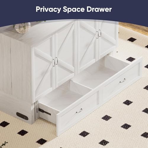 ijuicy Queen Size Murphy Bed with Mattress Included, Farmhouse Murphy Cabinet Bed with Multifunctional Charging Station & Storage Drawers,Space-Saving Hideaway Bed for Guests-Pure White,with Mattress