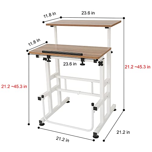 SDADI L101XWFDT Adjustable-Height Steel-Framed Mobile Standing Office Computer Desk with 2 Tiers and Lockable Caster Wheels, Dark Grain SDADI