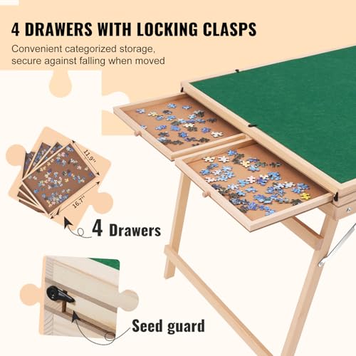 VEVOR 1500 Piece Puzzle Table with Folding Legs, 4 Drawers and Cover, 32.7"x24.6" Wooden Jigsaw Puzzle Plateau, Adjustable 3-Tilting-Angle Puzzle Board, Puzzle Storage System for Adults, Gift for Mom VEVOR