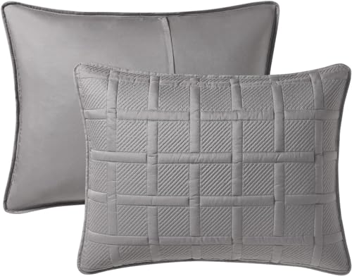 VCNY Home - Full/Queen Quilt Set, Pinsonic Bedding with Matching Pillow Shams, Dorm Room Essentials, Super Soft Home Decor (Square Dark Grey, 3-Piece) VCNY Home