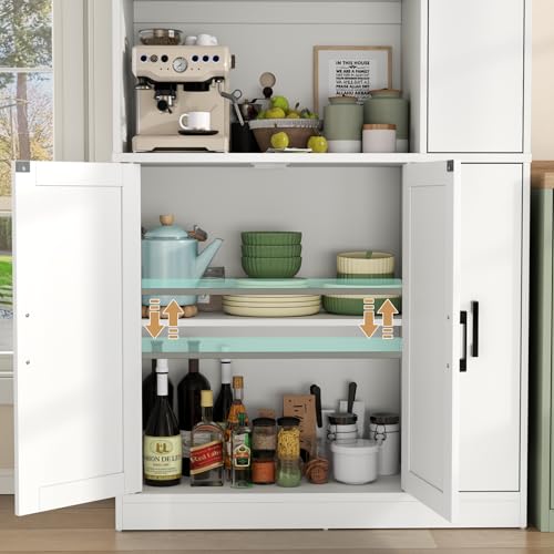 Gyfimoie 68" Tall Kitchen Pantry Cabinet with Side Drawer, Kitchen Pantry Storage Cabinet with Glass Door,Freestanding Food Hutch with Microwave Stand for Dining Room (White) Gyfimoie