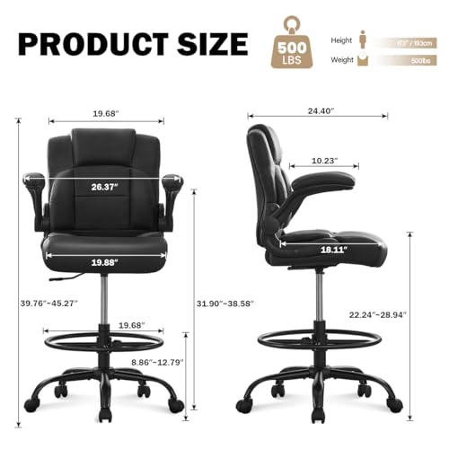 500 lbs Drafting Chair Tall Office Chair with Flip-up Armrests for Standing Desk Executive Ergonomic Computer Leather Desk Chair with Lumbar Support, Adjustable Foot Ring for Home or Drawing Use BOSMILLER