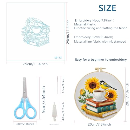 Zhenqing Sunflower Bird & Books Embroidery Kit for Beginners - Complete Set with Pre-Printed 29x29cm Cotton Fabric, Hoop, Threads & Tools(C0112)