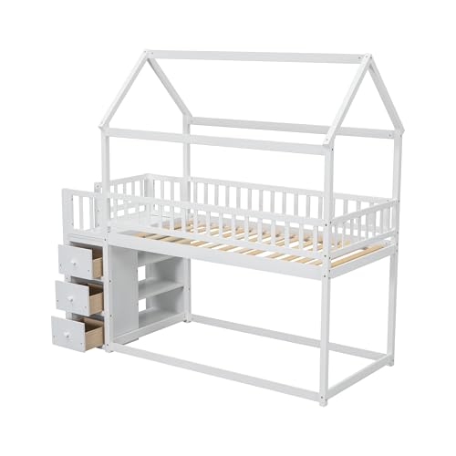 Bellemave Bunk beds Twin Over Twin Size with Drawers and Shelves Storage, Floor bunk Bed,White Bellemave