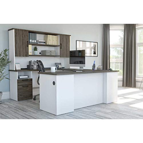 Bestar Norma 71W U or L-Shaped Executive Desk with Hutch in Walnut Grey & White Bestar