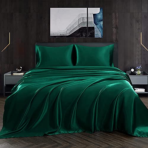 Homiest 4pcs Satin Sheets Set Luxury Silky Satin Bedding Set with Deep Pocket, 1 Fitted Sheet + 1 Flat Sheet + 2 Pillowcases (Queen Size, Blackish Green) Homiest