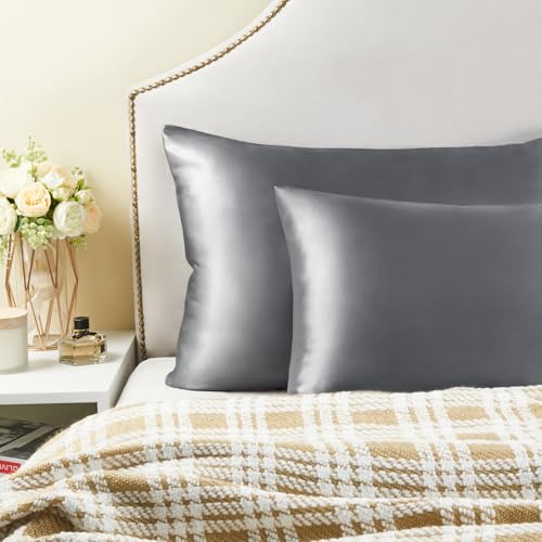BEDELITE Satin Pillowcase for Hair and Skin, Super Soft and Cooling Similar to Silk Pillow Cases 2 Pack with Envelope Closure, Gift for Women Men(20"x30" Queen Size, Dark Grey) BEDELITE