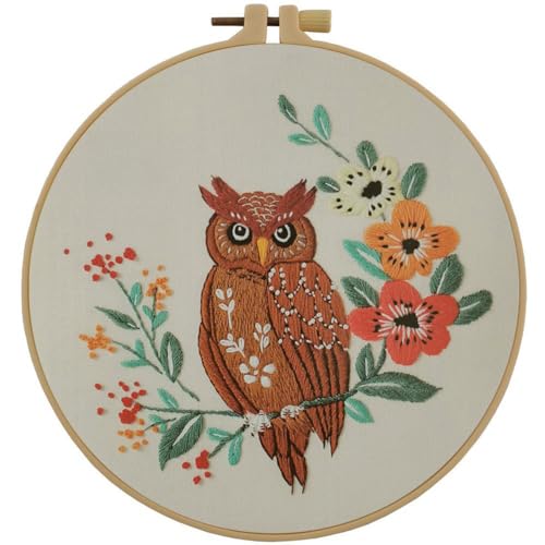 Esffaci Embroidery Starter Kit for Adult Beginner with Owl Flower Pattern Hand Embroidery Set with Embroidery Cloth Hoop Needles Colorful Floss and Instruction