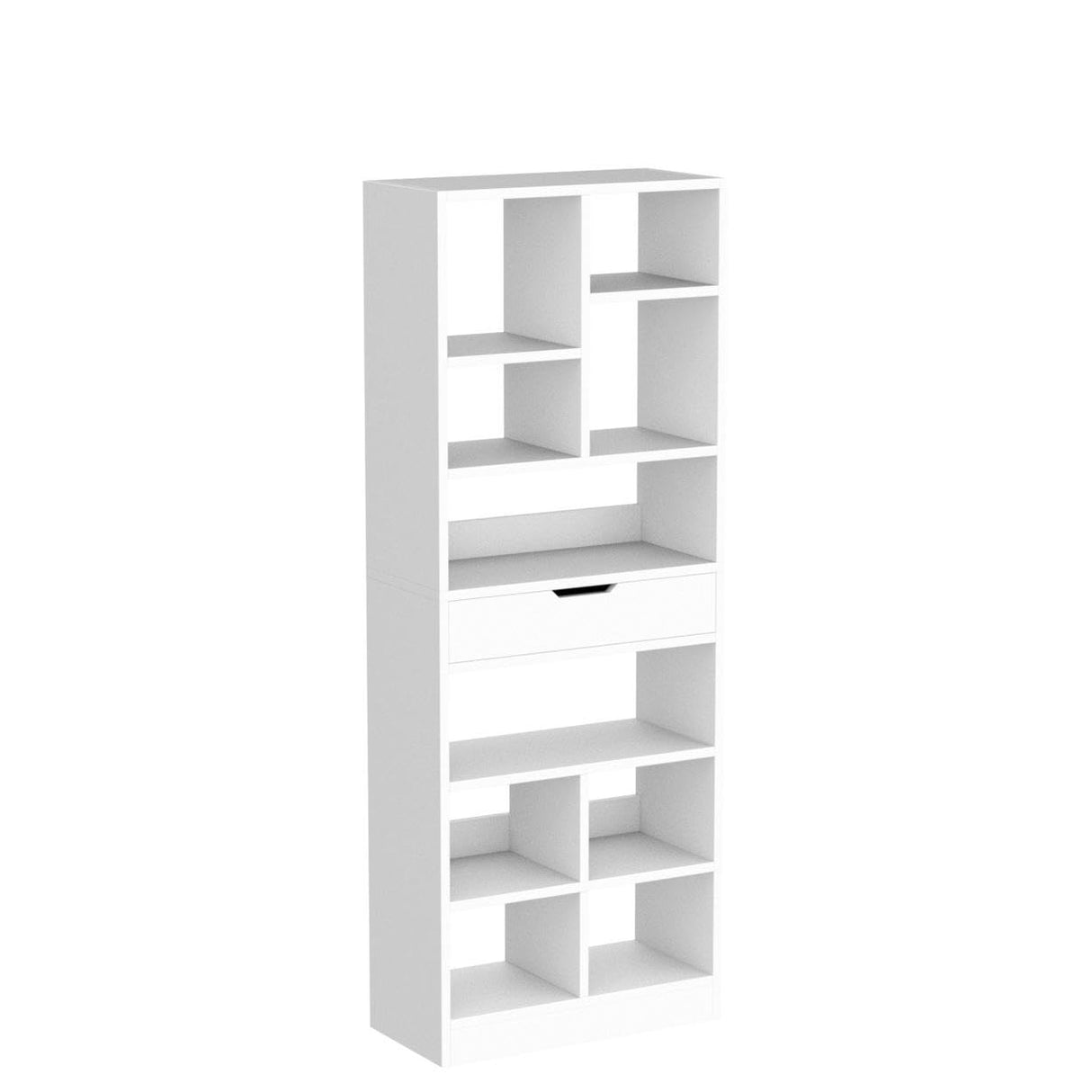 IOTXY Scandinavian Minimalist Wooden Open Shelf Bookcase - 71-Inch Freestanding Storage Cabinet with 10 Cubes and Drawer in Warm White IOTXY