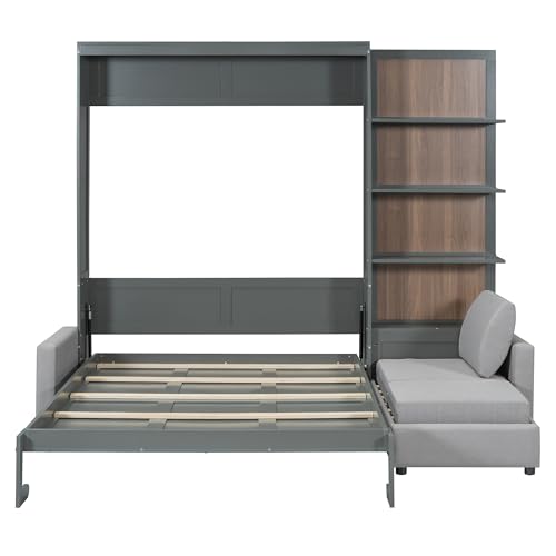 Merax Queen Murphy Bed with Sofa, Wood Folding Wall Bedframe with Soft Couch and Shelves, for Guest Room, Home Office or Small Bedroom, Grey Merax