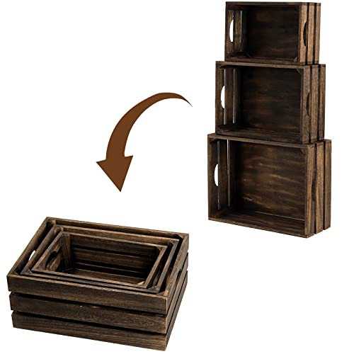 ZOOFOX Set of 3 Nesting Wooden Crates, Rustic Wood Basket with Handles, Decorative Farmhouse Wooden Storage Container Boxes for Party, Office, Bedroom, Kitchen and Closet ZOOFOX