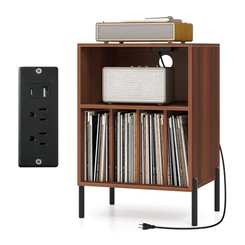 GOFLAME Record Player Stand with Charging Station, Turntable Stand Holds Up to 150 Albums, Vinyl Record Holder with 5 Storage Compartments and Metal Legs for Living Room Bedroom Office, Walnut GOFLAME