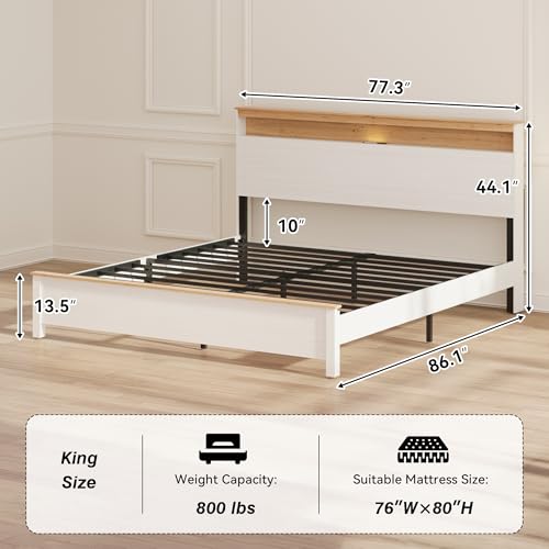 HoldoLife Bed Frame with Tall Headboard, King Size Platform Bed with Charging Station & LED Light, Modern Bedframe, Metal Support No Box Spring Needed, White Oak Finish HoldoLife
