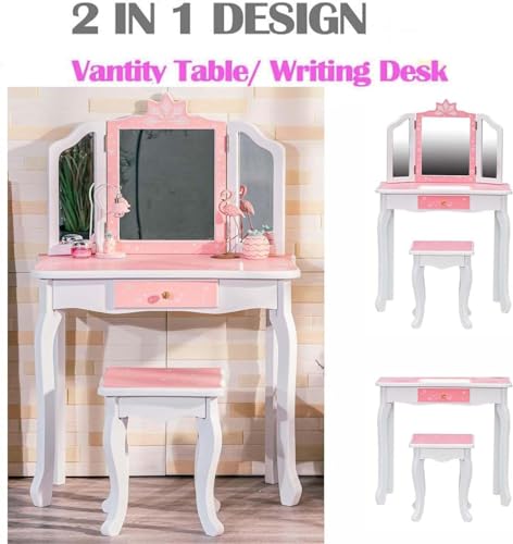 GAOMON Kids Vanity, Girls Vanity Table with Tri-Folding Mirror,Stool & Drawer, 2 in 1 Wooden Princess Makeup Desk Dressing Table, Toddler GAOMON