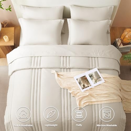 CozyLux Queen Size Comforter Sets - 7 Piece Bed in a Bag Beige Comforter Set with Sheets Luxury Queen Bed Set All Seasons, Soft Bedding Set with Down Alternative Comforter, Sheets, Pillowcases & Shams CozyLux