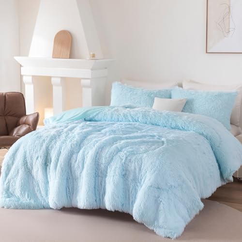 BYHOFMLY Light Blue Fluffy Girls Comforter Set Twin Size 3 Pieces Faux Fur Plush Shaggy Bedding Set for Teen Girls Soft Warm Furry Velvet Kids Bed Sets (Light Blue, Twin) BYHOFMLY