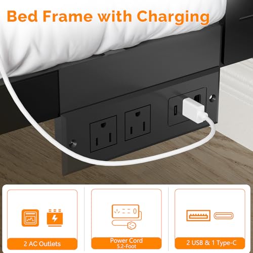 VINGLI Kids Twin Bed Frame with LED Headboard & Footboard, USB Charging Station, Metal Single Platform with 12-Inch Under Bed Storage Space for Dorm Bedroom Teen Guest Room, Mahogany Brown VINGLI